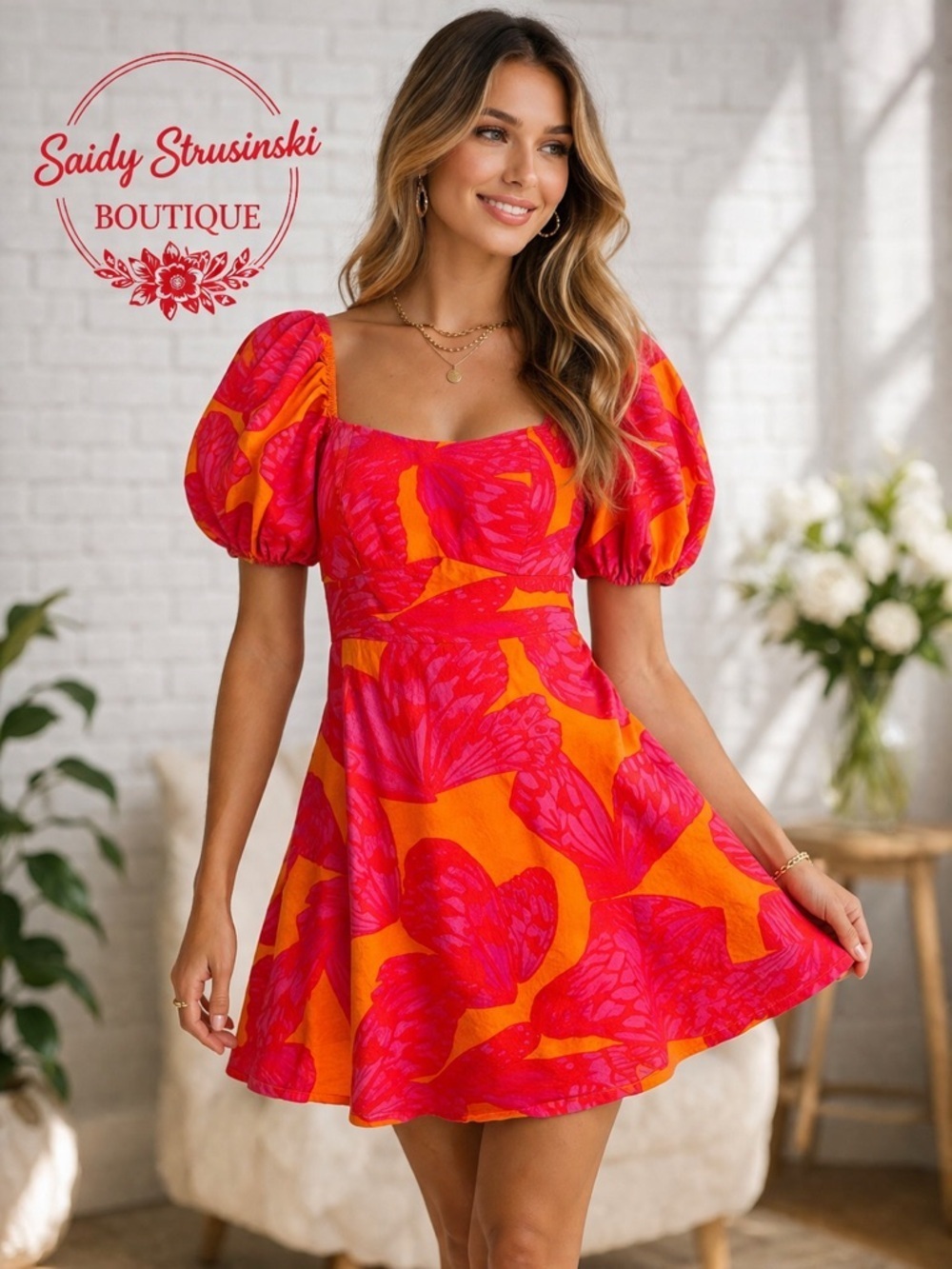 Scoop Bright Pink Orange Floral Puff Sleeve Mini Dress Barbiecore Size S 4-6